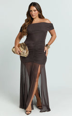 Alanna Maxi Dress - Off Shoulder Ruched Mesh Dress in Chocolate