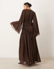 crinkle chiffon gathered maxi dress with micro ruffles in chocolate