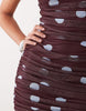 printed polka dot ruched dropped waist circle dress with grown on neck in burgundy