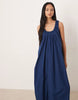 poplin ruched scoop neck and back midaxi sundress in navy