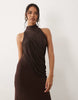 plisse contrast draped halter neck maxi dress in rum raisin