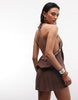 COLLUSION cheesecloth sequin trim cowl neck mini beach dress in chocolate