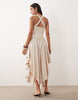 washed linen blend wide halter neck maxi dress with volume skirt in off white