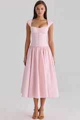 pink cotton cap sleeve midi dress