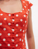 square neck button down mini sundress in red polka dots