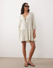 Esmée linen mix long sleeve tiered mini tie front beach dress in oat