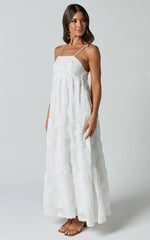 Claya Midi Dress - Sleeveless Straight Neckline Floral Detail Dress in White Embroidery