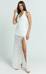 Ellen Maxi Dress - Plunge Neck Lace Frill Hem Dress in White