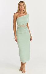 Juliet Midi Dress - One Shoulder Lace Contrast Bodycon Dress in Sage