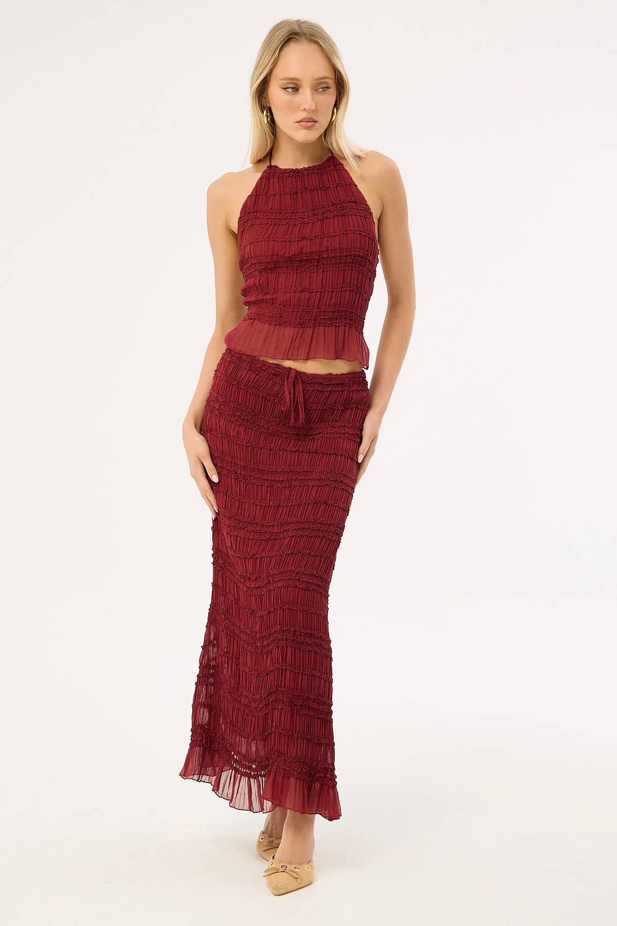 Luck & Trouble Marisole Gathered Maxi Skirt Burgundy