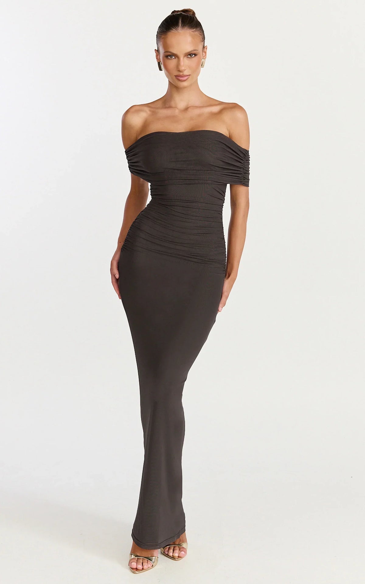 Caterina Maxi - Ruched Off Shoulder Mesh Dress in Chocolate