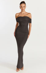 Caterina Maxi - Ruched Off Shoulder Mesh Dress in Chocolate