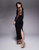 mesh twist bust detail halter maxi dress with tie back neck in black