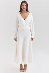 ivory wool mix flared midi skirt