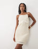 Mango cotton rich knit halterneck mini dress with statement flower in beige