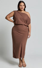 Jacqueline Midi Dress - Linen One Shoulder Dress in Chocolate