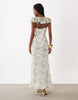 frill sleeve sweetheart neck midi dress in navy spot print
