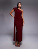 Kaiia Exclusive double layered slinky mesh one-shoulder drape detail maxi dress in wine