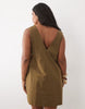 Curve cotton linen v neck smock mini dress in moss green
