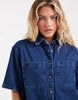 denim boxy shirt dress with pocket detail in dark mid blue