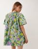 crew neck shirred smock mini dress in green floral print