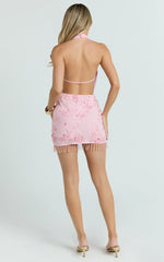 Ari Mini Dress - Fringe Beaded Dress in Light Pink
