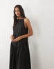 poplin slash neck drop waist maxi dress in black