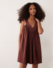 v-neck poplin mini smock sundress with lace overlay in warm chocolate