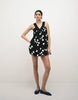 v-neck smock poplin mini sundress with lace overlay in black and white polka dots