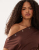 eyelet detail off the shoulder mini dress in brown
