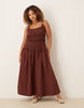 Curve crinkle midaxi sundress with shirred dropped waist in warm chocolate