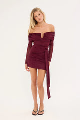 Luck & Trouble Bella Off Shoulder Long Sleeve Mini Dress Burgundy