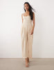crinkle square neck panel detail midi dress in stone