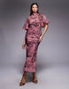 half wide sleeves column chiffon and satin contrast dress in pink abstract animal print