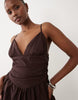 The Frolic exclusive cotton ruched waist full skirted cami mini dress in chocolate