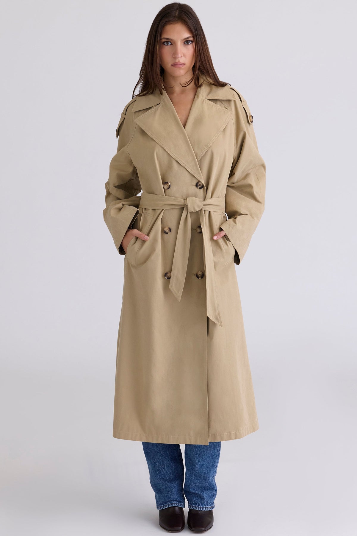 camel belted full trench coat