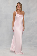 The Zafira One Shoulder Satin Maxi Dress Light Pink