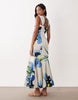 structured cotton dropped waist midaxi dress with tie back in blue abstract floral print