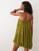 wave textured bubble sweetheart neck mini dress in olive green