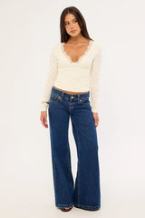 Luck & Trouble Matilde Lace Long Sleeve V Neck Top Cream