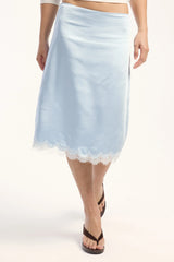 Perfect Stranger Matilda Satin Lace Midi Skirt Blue/White