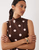 sleeveless funnel neck maxi dress in chocolate and pink polka dots