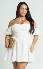 Esthela Mini Dress - Embroidered Square Neck Short Puff Sleeve Corset in White Floral
