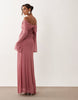mesh off the shoulder draped neck long sleeve maxi dress in pink