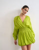 Topshop cotton long sleeved deep plunge bubble hem mini dress in lime