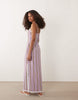 cami square neck midi dress with lace trim and side slit in striped print