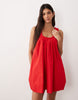 poplin scoop ruched neck mini sundress in red