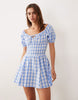 Esmée tie front puff sleeve mini beach dress in blue & white gingham
