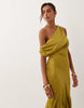 fallen shoulder midaxi dress with asymmetric godet hem in olive