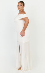 Alanna Maxi Dress - Off Shoulder Ruched Mesh Dress in Cream